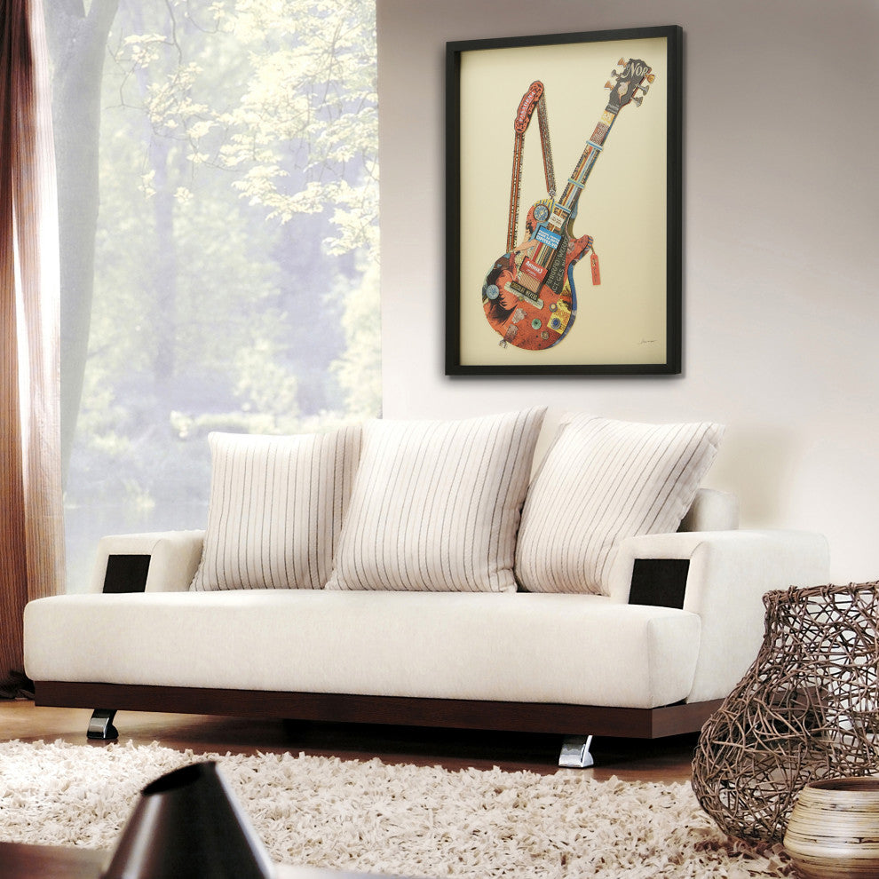 Electric Guitar Hand Made Dimensional Collage Framed Wall Art Under Glass