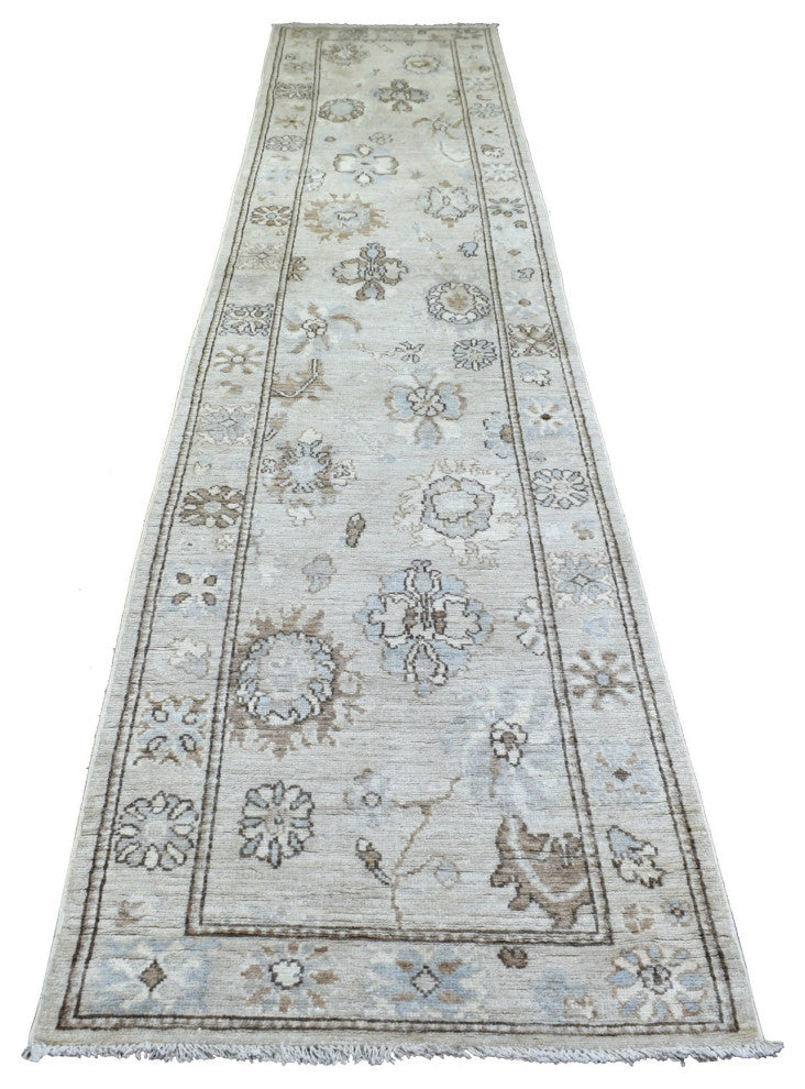 Gray Angora Ushak Natural Dyes Afghan Wool Hand Knotted Runner Rug, 2'10"x13'9"
