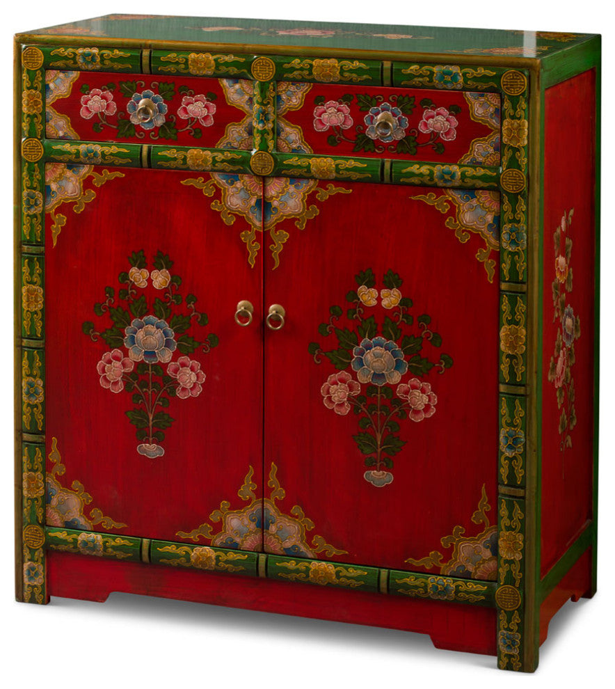Hand Painted Red and Green Peony Motif Tibetan Chest