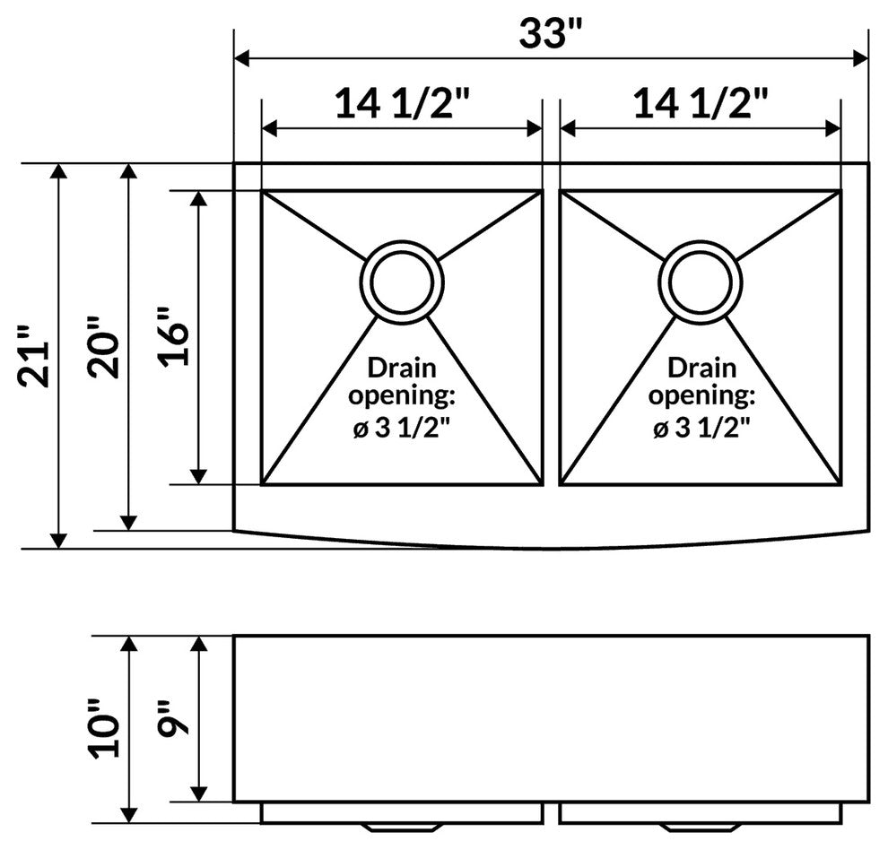 33"x21" Farmhouse Apron Double Bowl Kitchen Sink 10" Deep