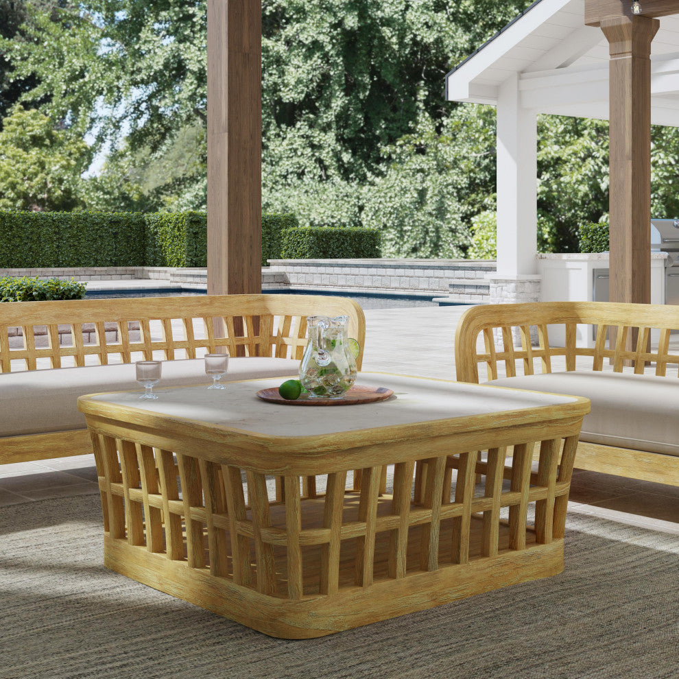 Monhegan Outdoor Teak and Marble Coffee Table