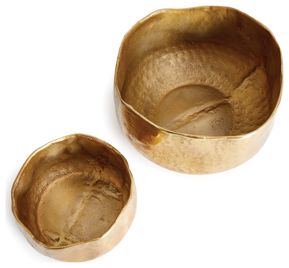 Set of 2 Elegant Free Form Textured Gold Planters Cachepots Round Organic Shape