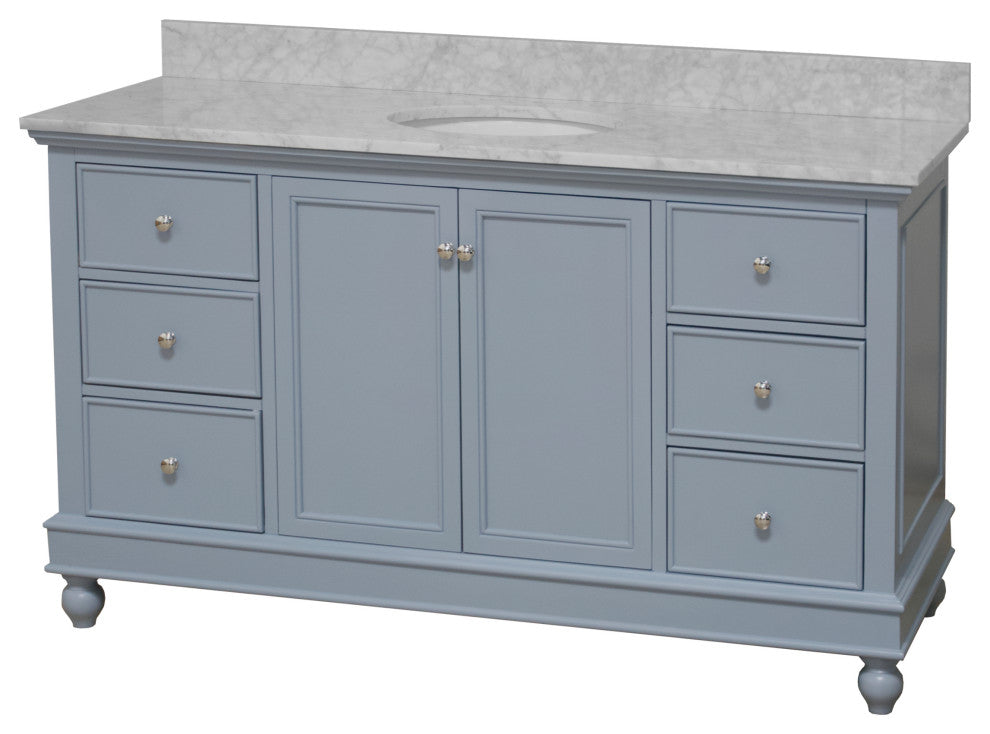 Bella 60" Bathroom Vanity, Powder Blue, Carrara Marble, Single Vanity