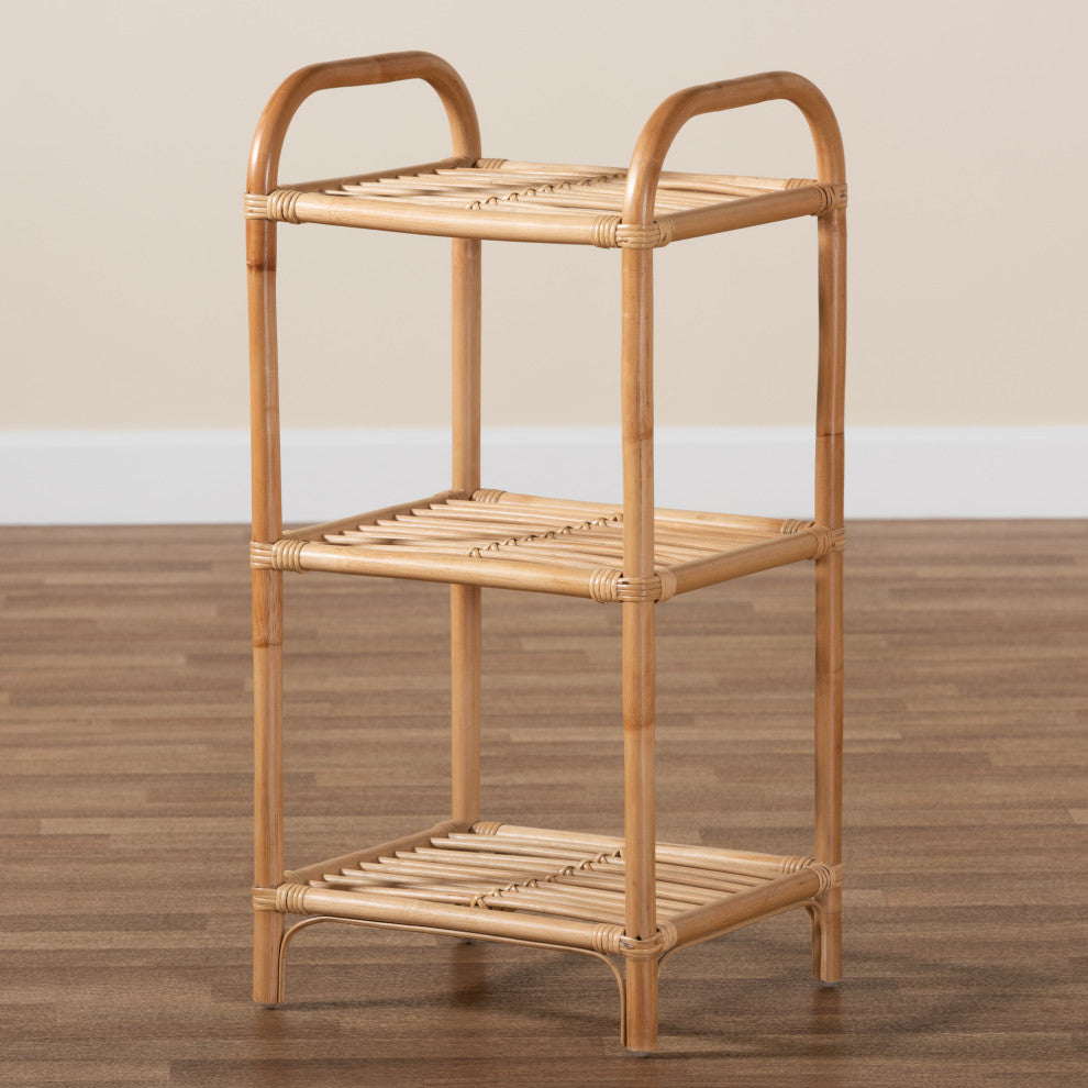 Barras Modern Bohemian Natural Brown Finished Rattan 3-Tier Display Shelf