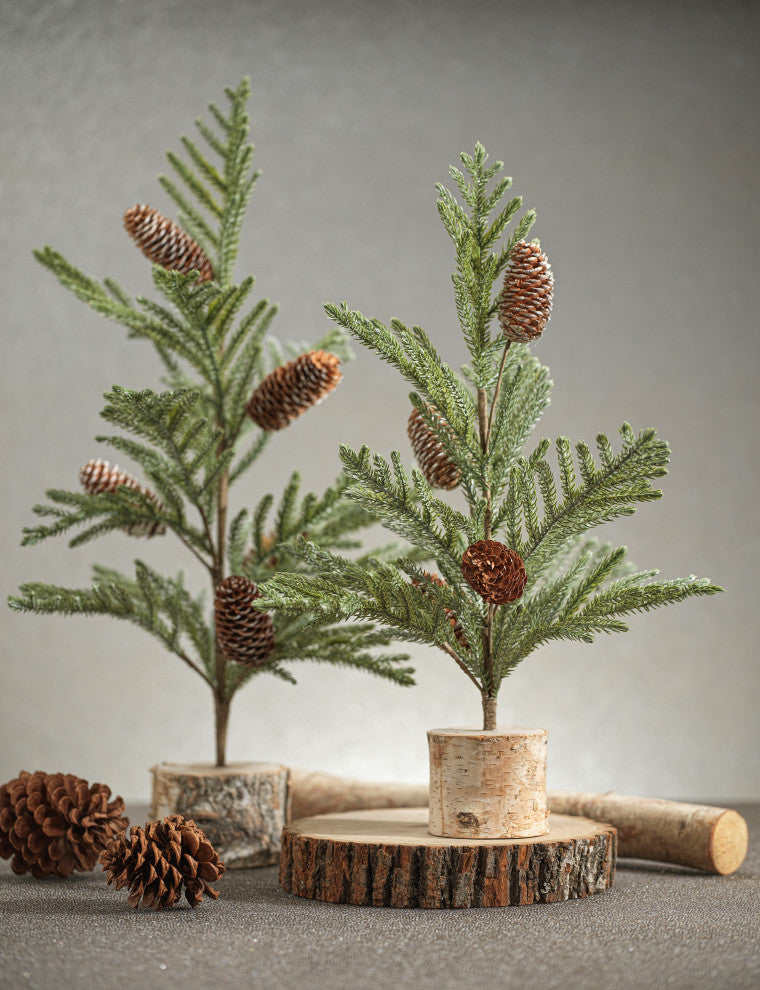 2-Piece Set Artificial Spruce Tree with Small Pinecones on Birch Base, 25"
