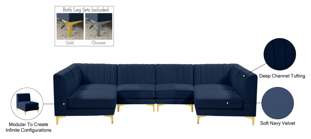 Alina Velvet Modular U-Shaped Sectional, Navy, 6-Piece: 4 Armless Chair, 2 Corner Chair