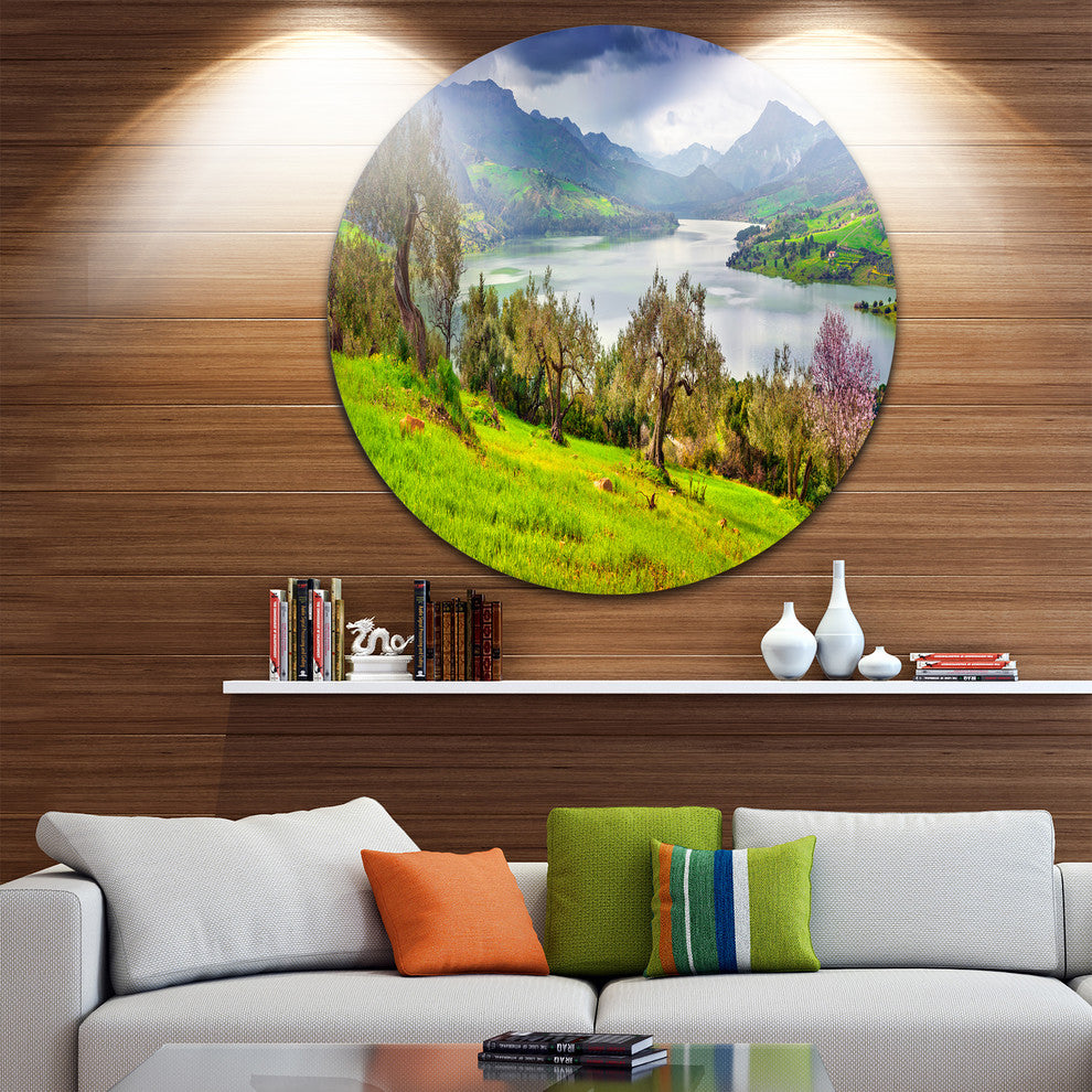 Lake Rosamarina Panorama, Landscape Photo Round Metal Wall Art, 23"