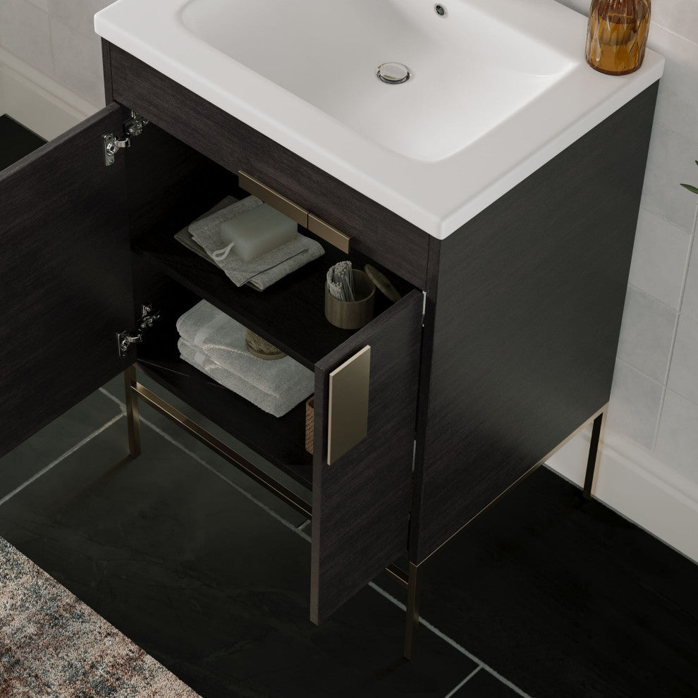 Lockhart Bath Vanity, Black Oak, 24", Satin Brass Hardware, Single Sink, Freestanding