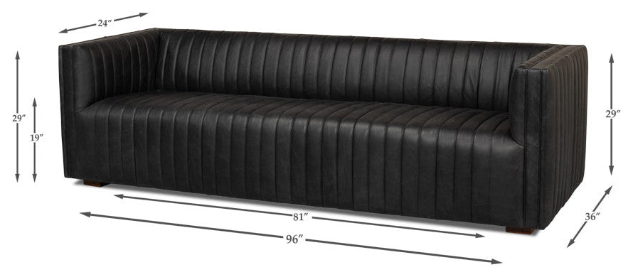 Everett Sofa Modern Channel Tufted Black Leather Couch
