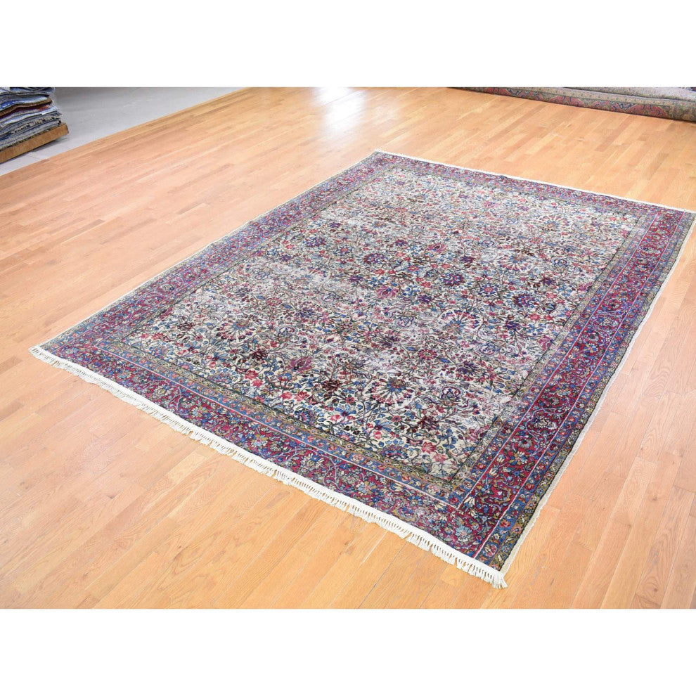 Beige Antique Persian Kerman with Areas of Wear Distressed Clean Rug, 8'9"x11'3"