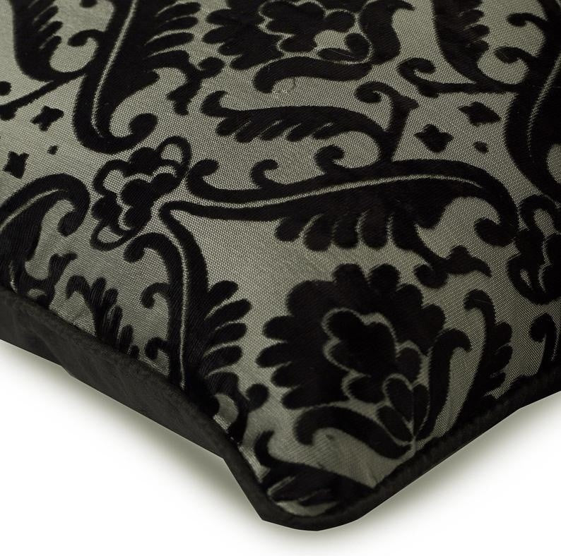 Black & Grey Fabric Burnout Velvet 24"x24" Pillow Cover, Victorian Black