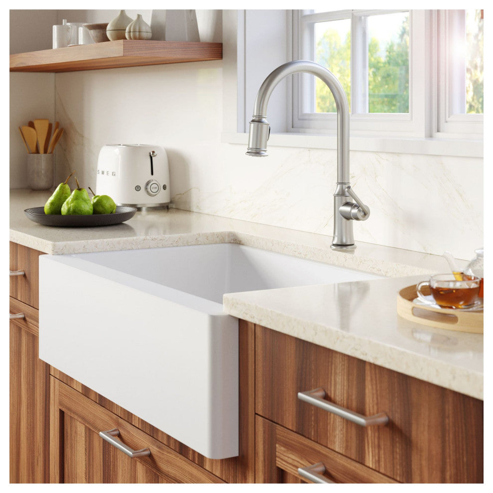 Karran Farmhouse/Apron-Front Quartz 34" Single Bowl Sink Kit, White