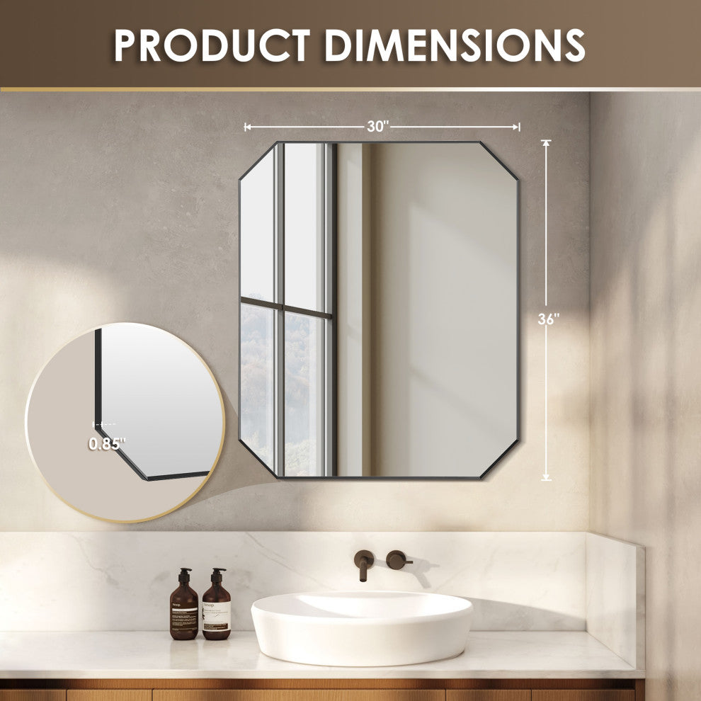 Allure Octagon Framed Bathroom Wall Mirror, Matte Black, 36"