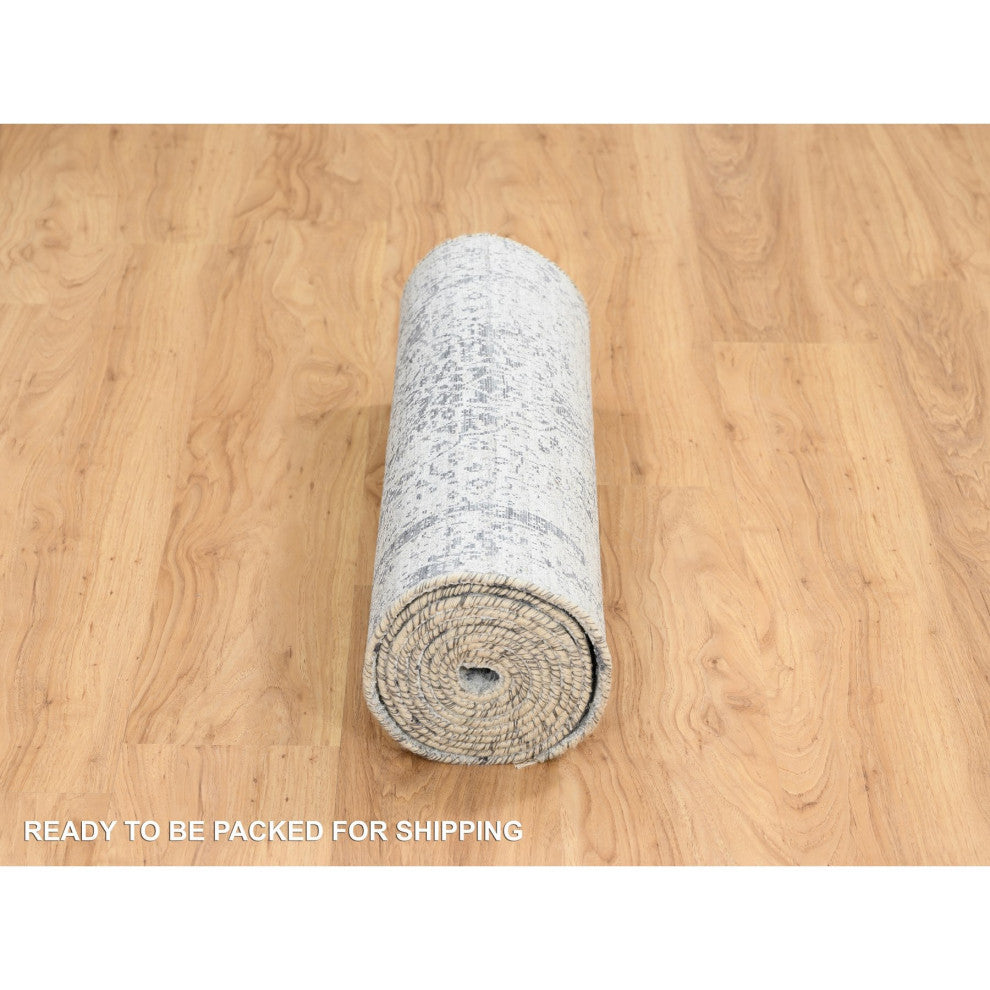 Gray Wool and Silk Hand Knotted Erased Persian Design Runner Rug, 2'7"x12'0"
