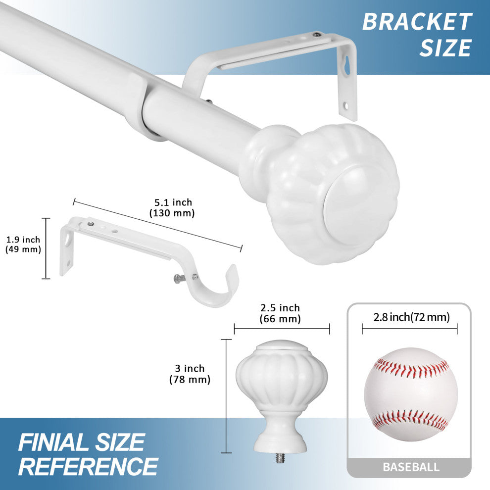 1" Doorknob Drapery Curtain Rod, Glossy White, 84"-120"