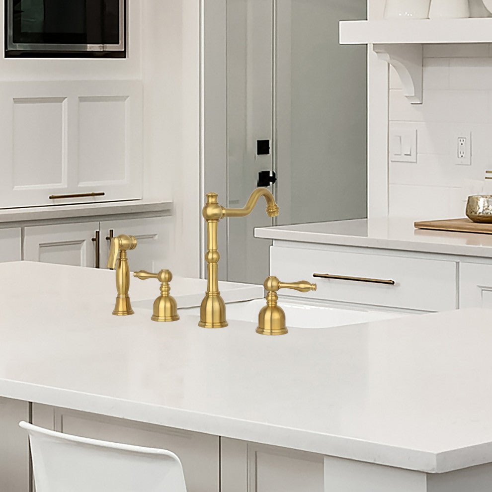 Two-Handles Copper Widespread Kitchen Faucet with Side Sprayer, Brushed Gold