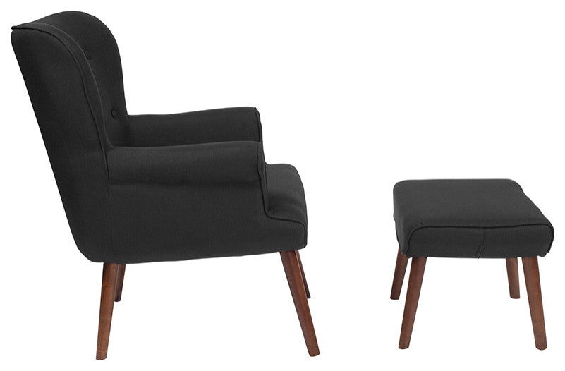 Bayton Upholstered Wingback Chair With Ottoman In Black Fabric