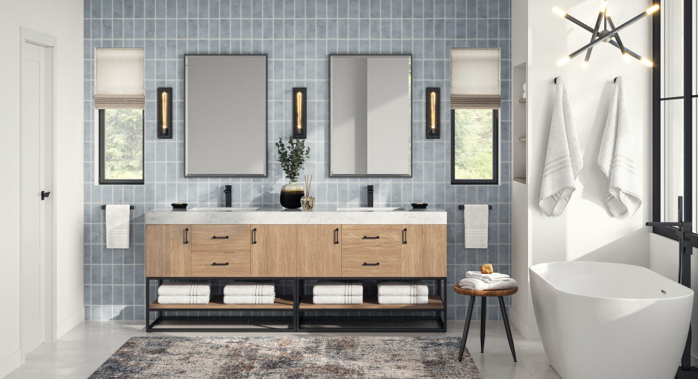 Bahia Bath Vanity, Oak, 84", Matte Black Hardware, Double, Freestanding