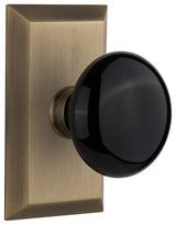 Double Studio Plate With Black Porcelain Knob, Antique Brass