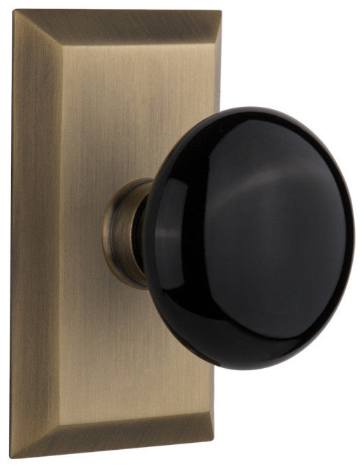 Double Studio Plate With Black Porcelain Knob, Antique Brass