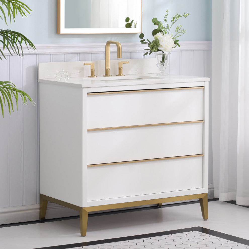 Nolan Freestanding Bathroom Vanity with Quartz Top, White, 36"