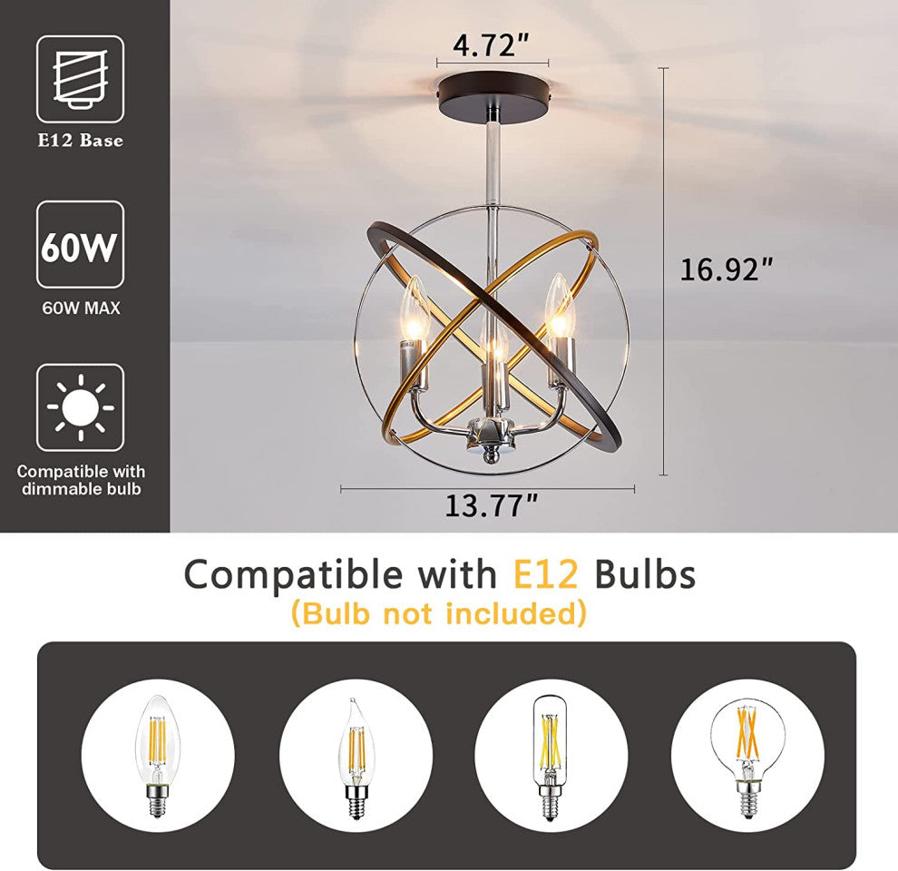 3 Light Farmhouse Semi Flush Mount Ceiling Light, Industrial Vintage, Globe