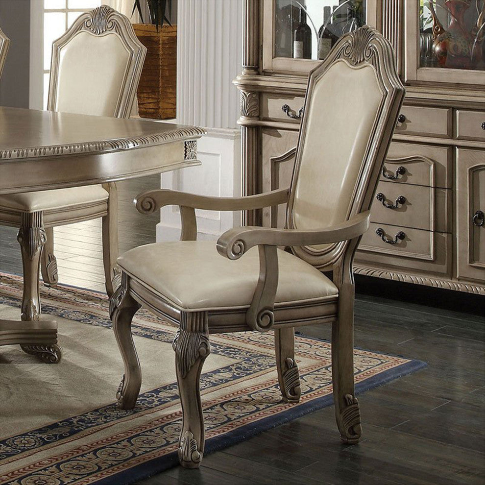 Set of 2 PU Upholstered Arm Chair, Antique White Finish