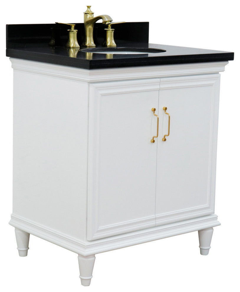 31" Single Vanity, White Finish With Black Galaxy And Oval Sink