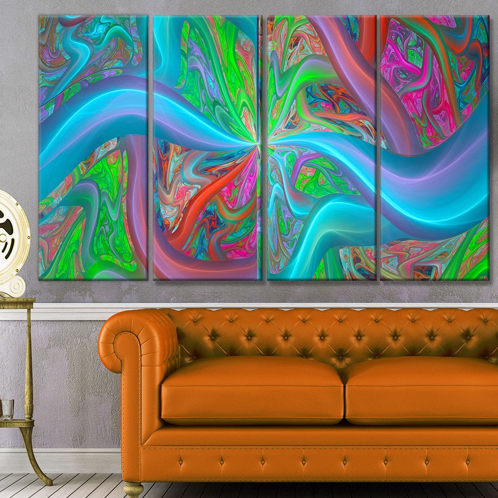 Blue Green Fractal Curves, Abstract Canvas Art Print, 48"x28", 4 Panels