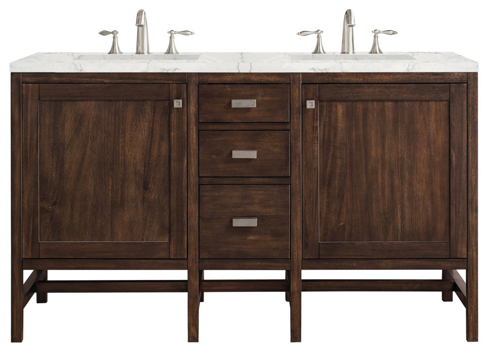Addison 60" Double Vanity Cabinet, Mid Century Acacia, Eternal Jasmine Pearl, Three-Hole