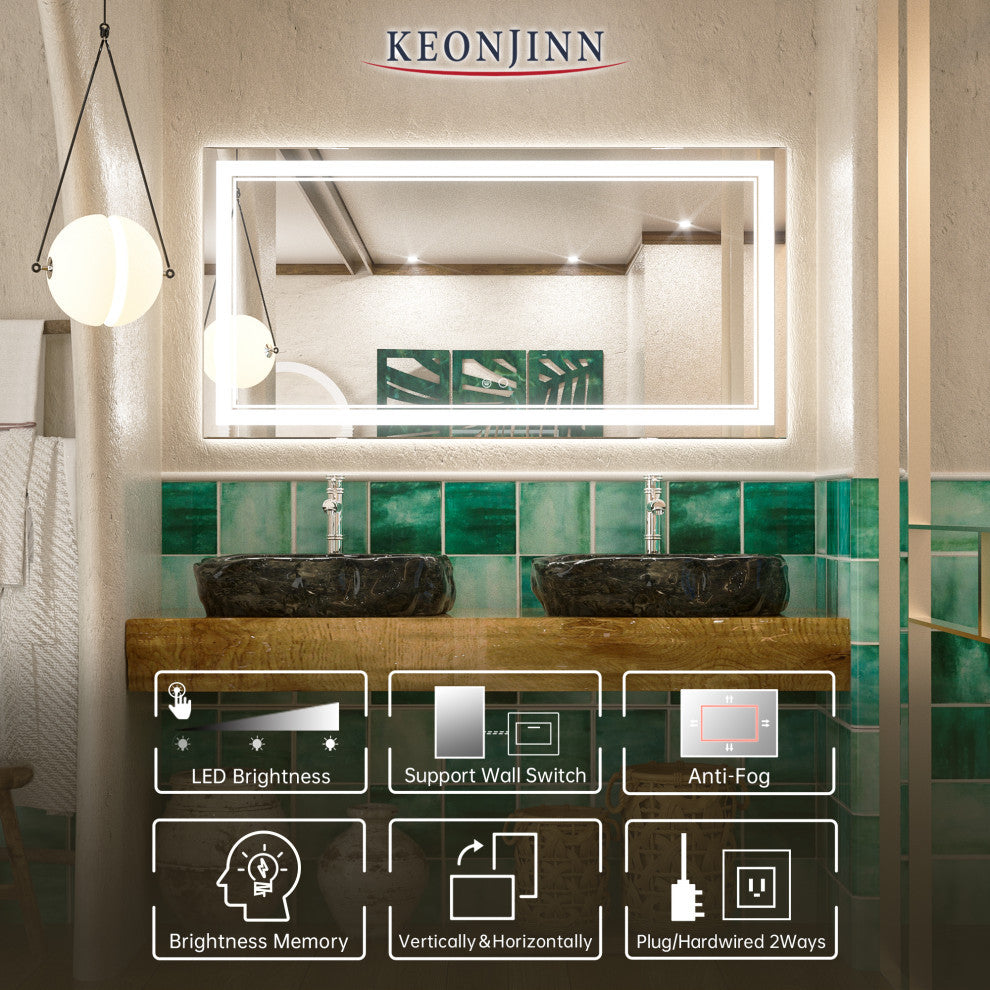 LED Bathroom Mirror, Anti-Fog Memory Dimmable IP54 Waterproof, 48"x24"