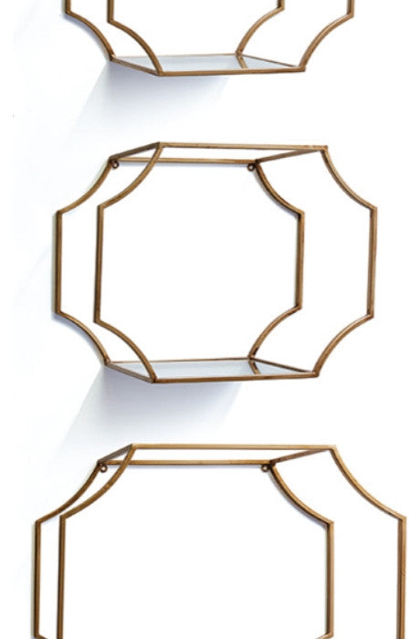 Set of 3 Gold Hexagon Mirrored Wall Shelves Open Geometric Display Contemporary
