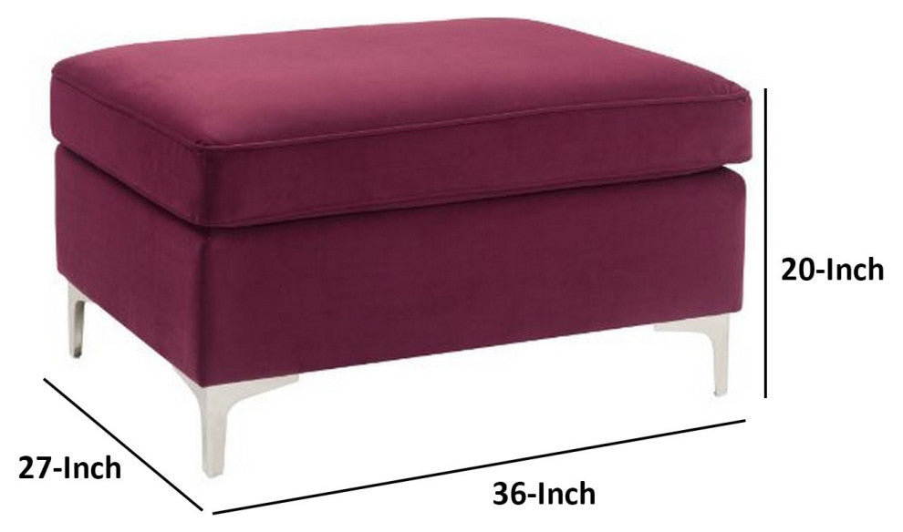 Benzara BM250602 Ottoman With Velvet Upholstery and Metal Legs, Red