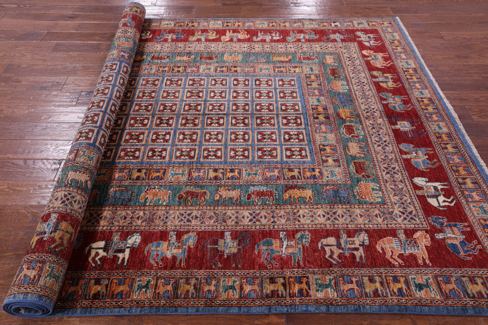 6' 8" X 9' 11" Handmade Antiqued Pazyryk Historical Design Wool Rug Q10706