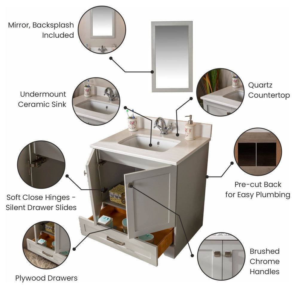Livia Collection 30" Bath Vanity Quartz Top and Ceramic Sink, Grey, 30"