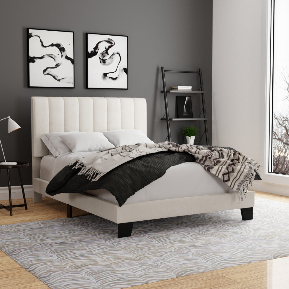 Hillsdale Crestone Adjustable Height Channel Upholstered Full Platform Bed, Cream, Full Bed