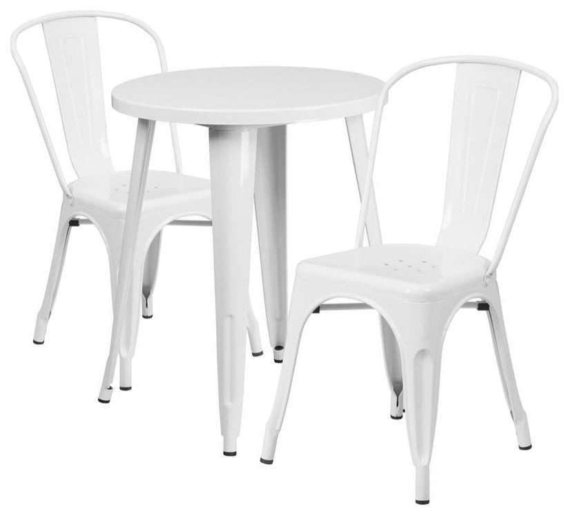 24" Round White Metal Indoor-Outdoor Table Set with 2 Cafe Chairs