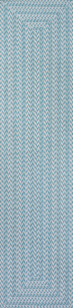 Chevron Modern Concentric Squares Indoor/Outdoor Area Rug, Aqua/Light Gray, 2x8