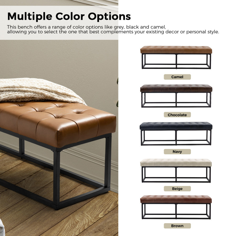 60"W Genuine Leather Bedroom Bench, Camel