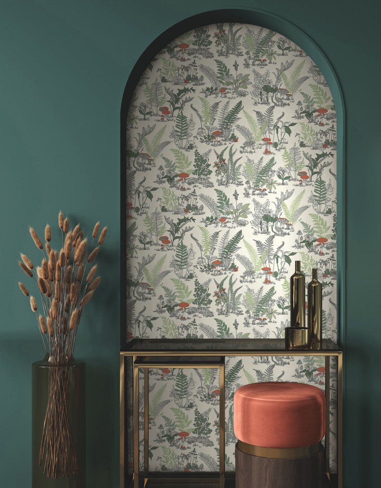 Mushroom Garden Toile Red and Green Wallpaper