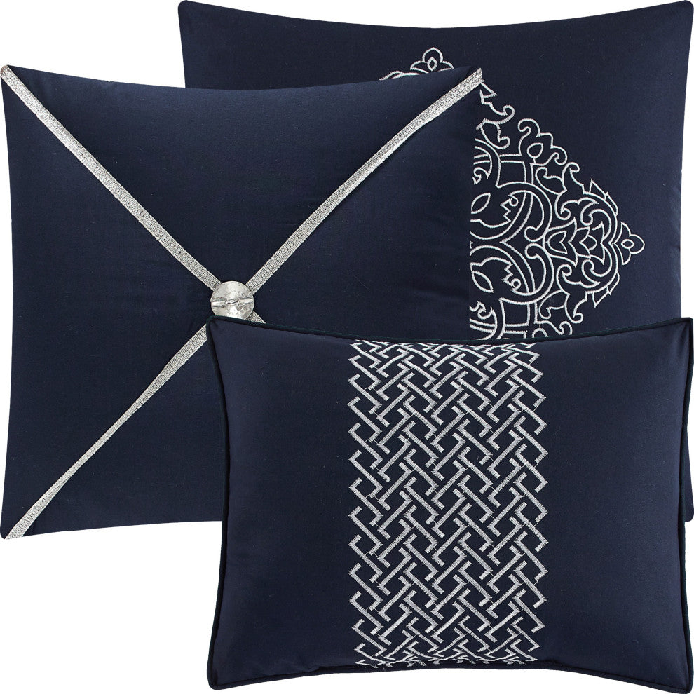 Diona Damask 7 Piece Comforter Set, Navy , Queen
