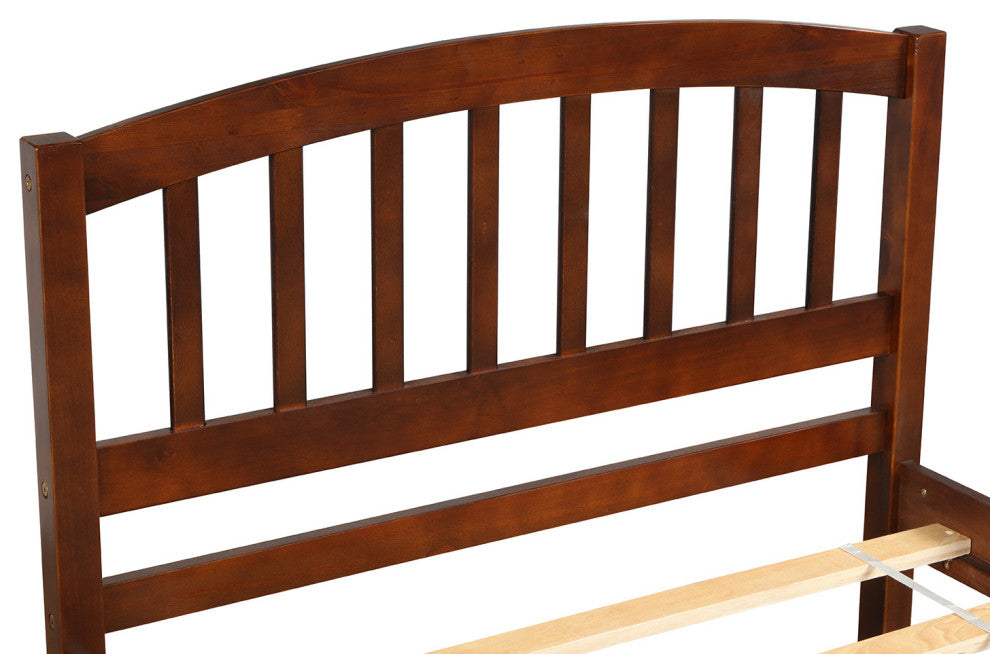 TATEUS Twin Platform Bed With Trundle, Wood Bed Frame With Headboard, Walnut