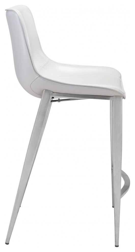 Set of Two White Faux Leather and Steel Modern Stitch Bucket Counter Chairs