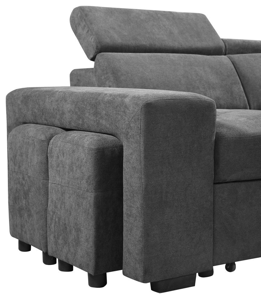 Henrik Gray Sleeper Sectional Sofa With Storage Ottoman and 2 Stools, Light Gray