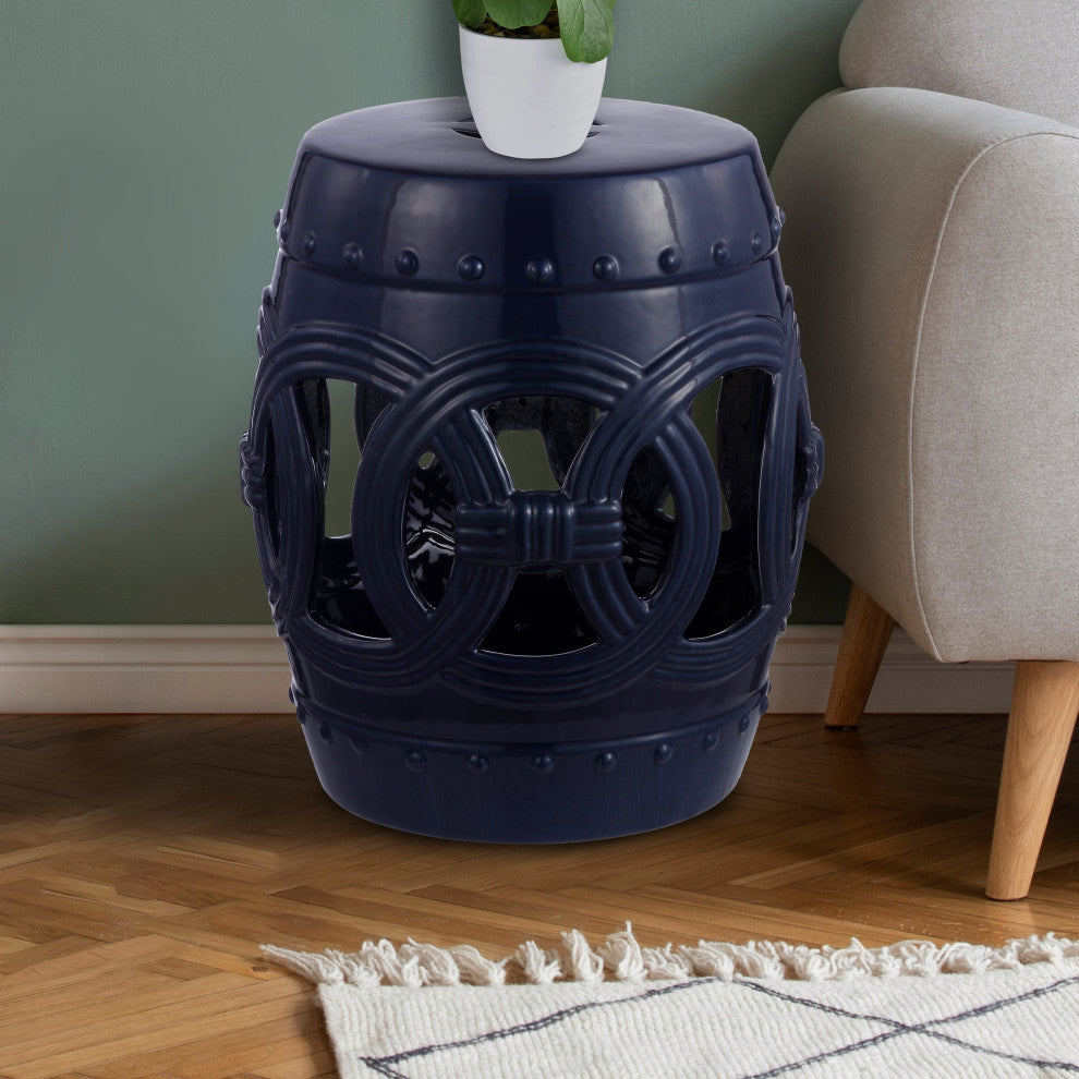 Lucky Coins 16" Chinese Ceramic Drum Garden Stool, Navy