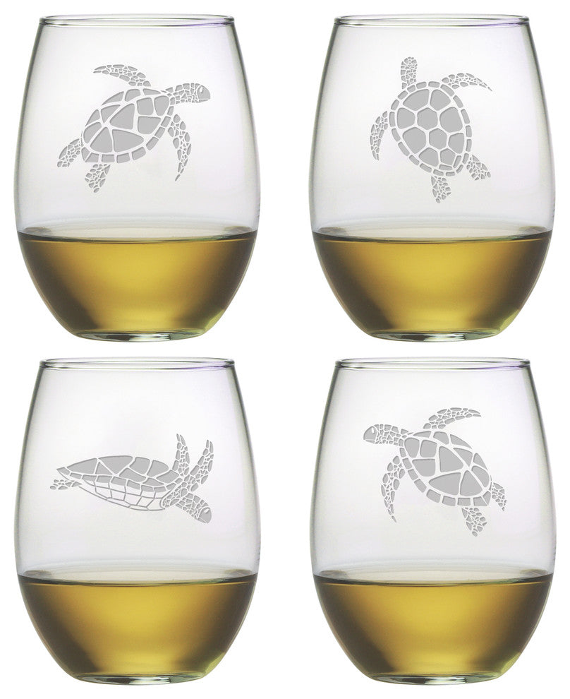 Sea Turtles 4-Piece Stemless Wine Glass Set