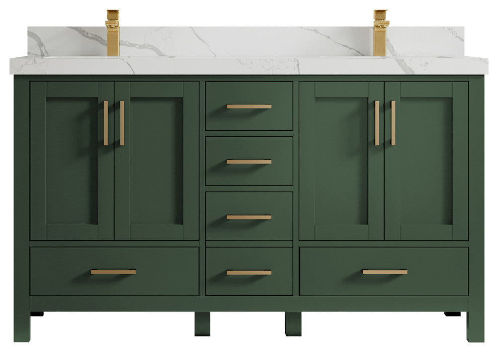 Willow Collections Malibu Vanity, Green, Calacatta Quartz, 60" Double