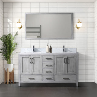60" Distressed Gray Double Vanity, White Marble Top, White Sinks and 58" Mirror