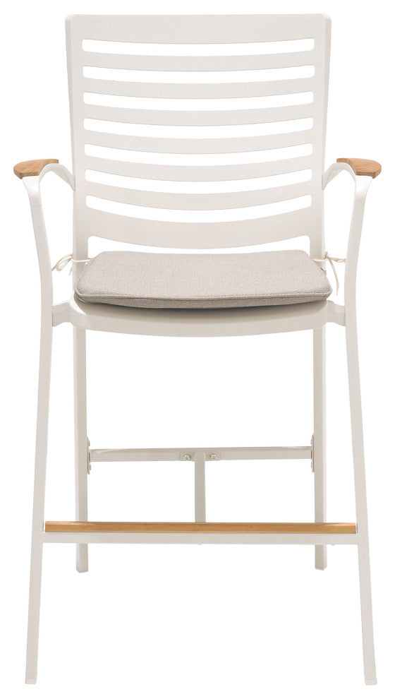 Patio Aluminum Bar Set With Natural Teak wood Accent Top, Light Matte