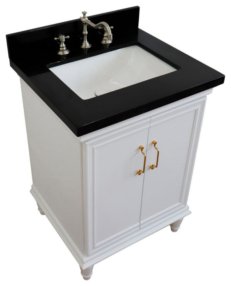 25" Single Vanity, White Finish With Black Galaxy And Rectangle Sink